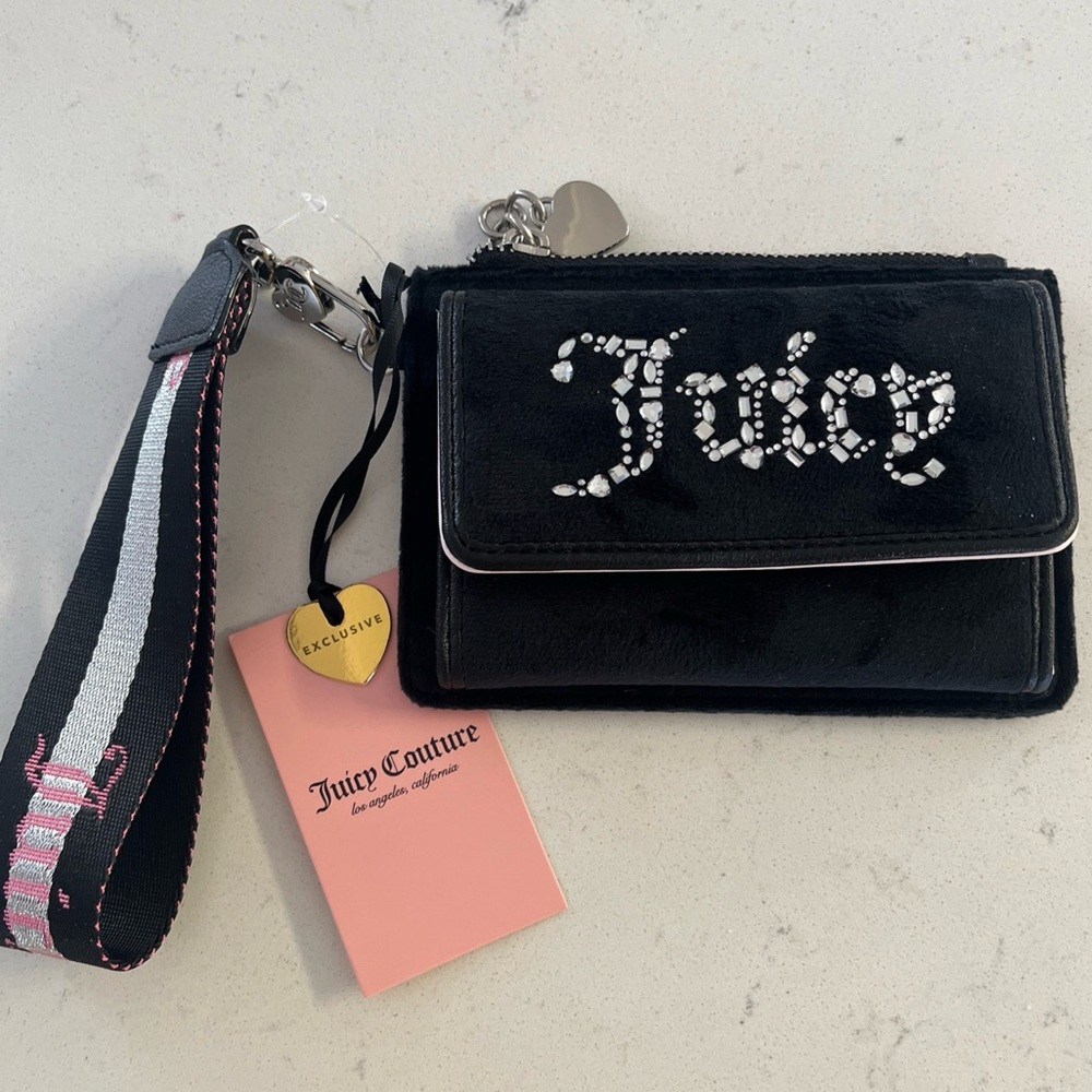 Juicy Couture Black Velvet with Crystal Rhinestone Wristlet Wallet Clutch